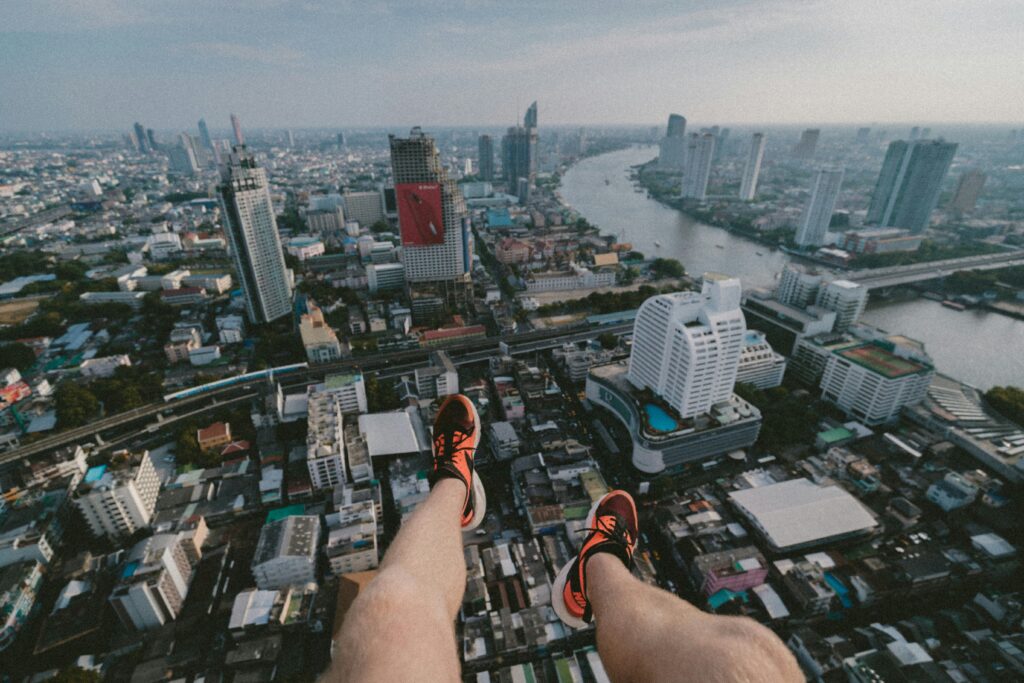 Aerial view of Bangkok skyline and Chao Phraya River